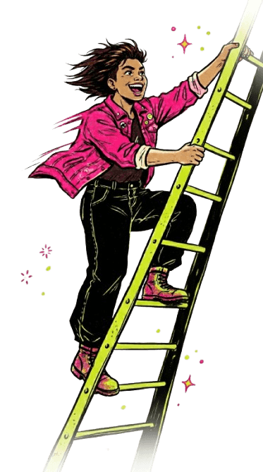 A punk with a pink mohawk in a hot-pink jacket climbing a lime-green ladder, rocketing upward